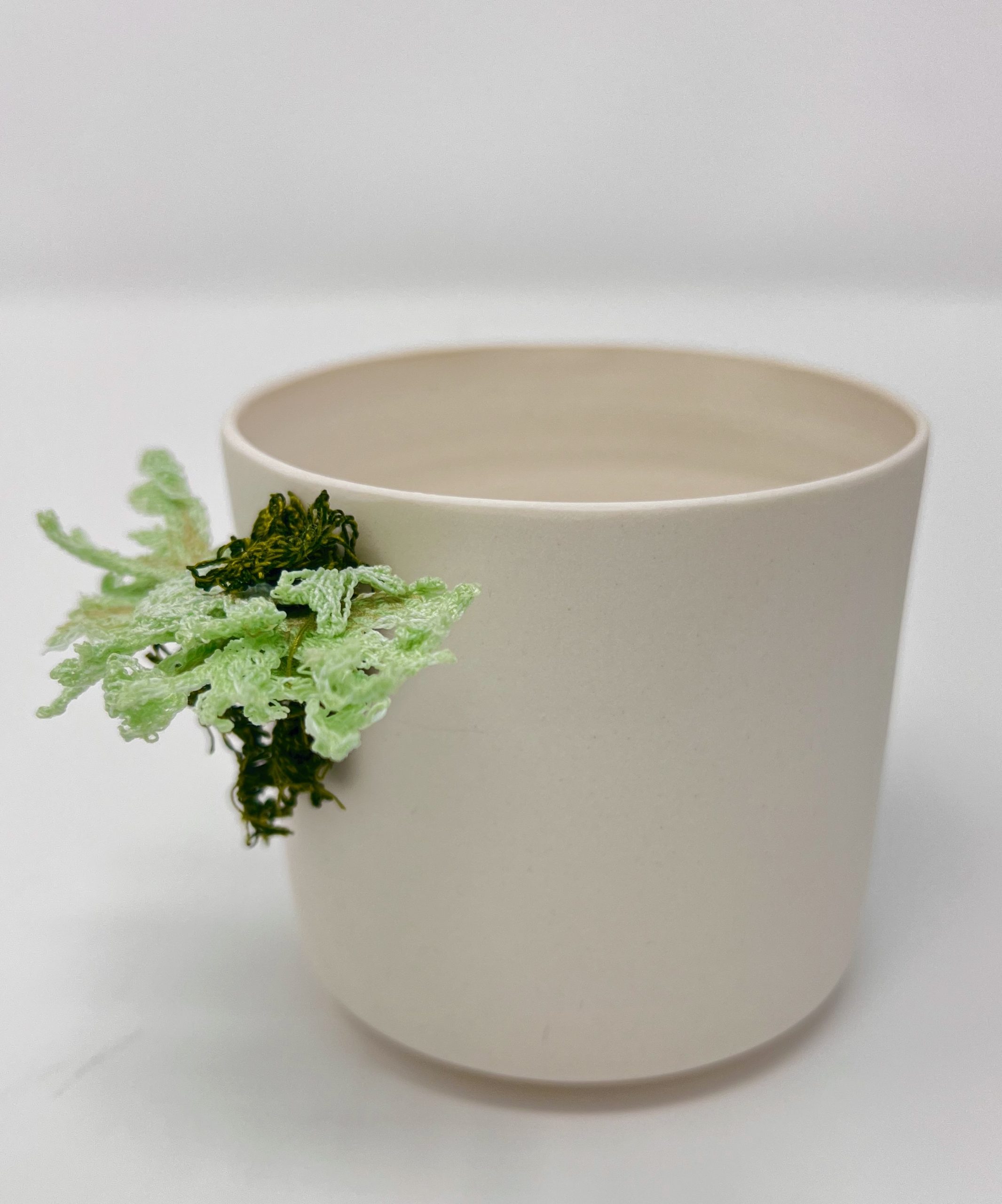 Small porcelain vase with machine-embroidered moss and lichen.